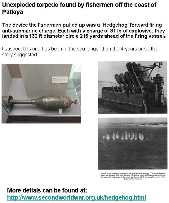 history of unexploded submarine mortar hedgehog bomb found off Pattaya, Thailand