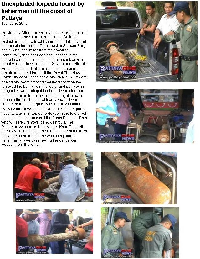 unexploded submarine mortar hedgehog bomb found off Pattaya, Thailand