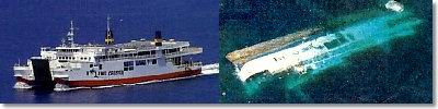 Two Pictures of the King cruiser. First picture saling in happier times. Second picture shows the vessel just about to slip under the surface.